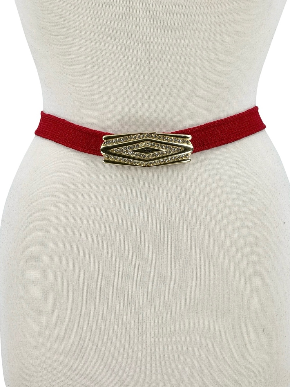 Vintage Knit Belt with Rhinestone Gold Tone Metal Buckle